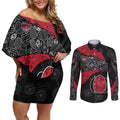 Personalized Essendon Football Couples Matching Off Shoulder Short Dress and Long Sleeve Button Shirt Easter Egg Pattern Red Black Tribal Dot Art Style