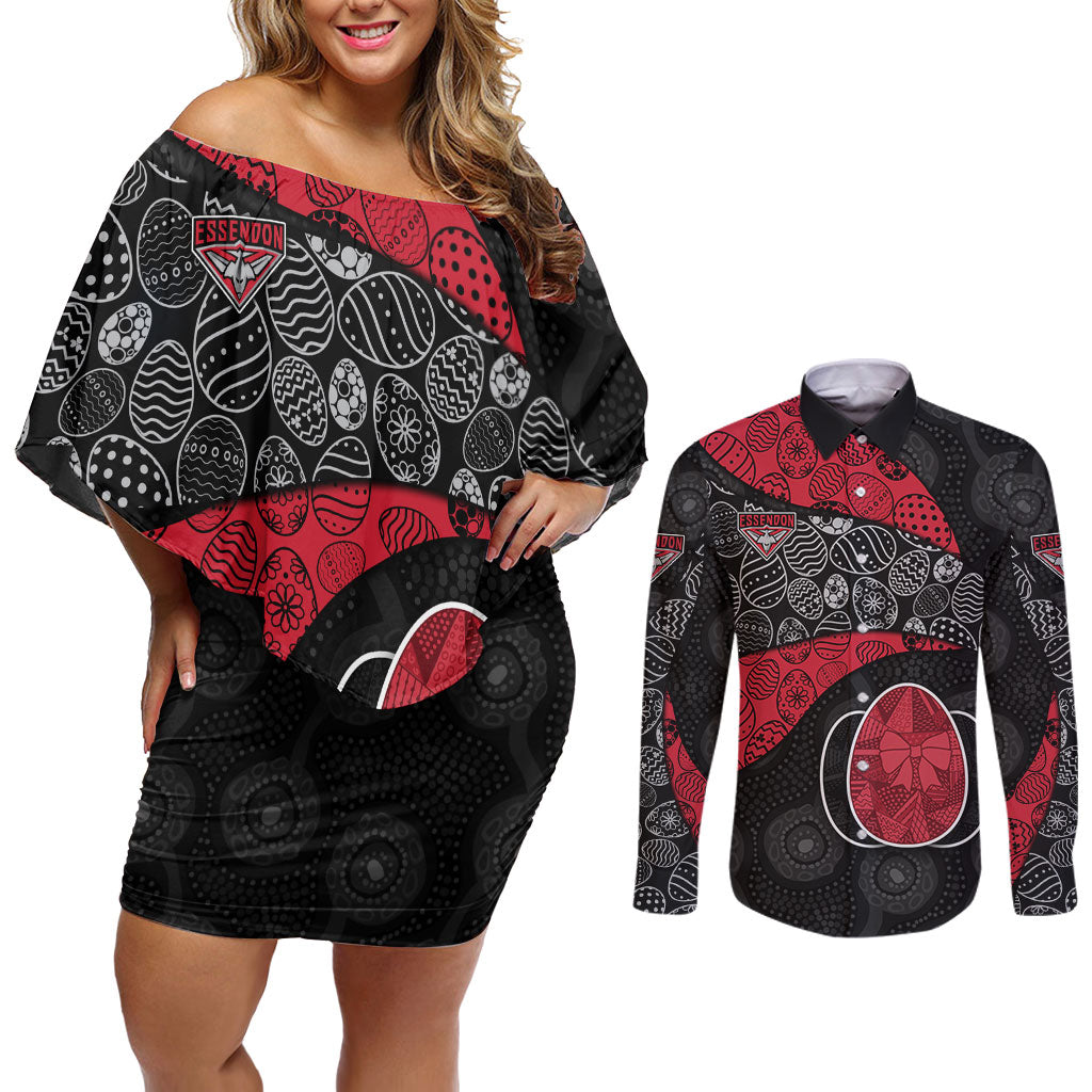 Personalized Essendon Football Couples Matching Off Shoulder Short Dress and Long Sleeve Button Shirt Easter Egg Pattern Red Black Tribal Dot Art Style