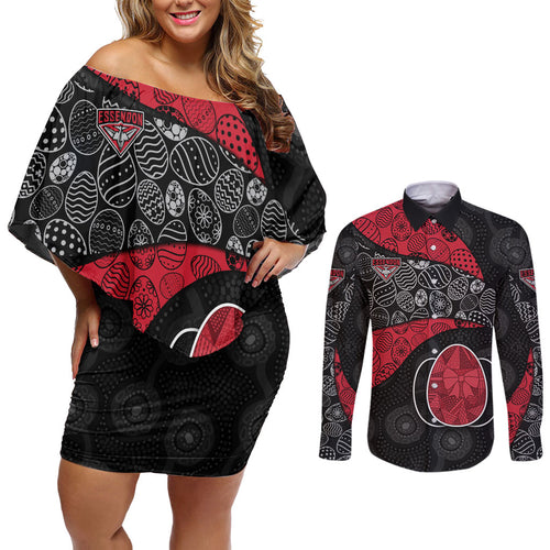 Personalized Essendon Football Couples Matching Off Shoulder Short Dress and Long Sleeve Button Shirt Easter Egg Pattern Red Black Tribal Dot Art Style