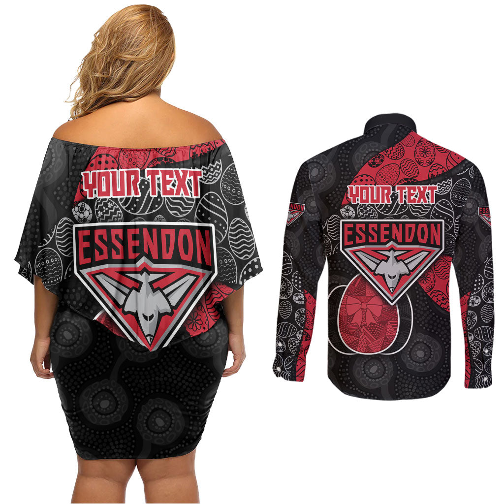 Personalized Essendon Football Couples Matching Off Shoulder Short Dress and Long Sleeve Button Shirt Easter Egg Pattern Red Black Tribal Dot Art Style