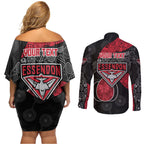Personalized Essendon Football Couples Matching Off Shoulder Short Dress and Long Sleeve Button Shirt Easter Egg Pattern Red Black Tribal Dot Art Style