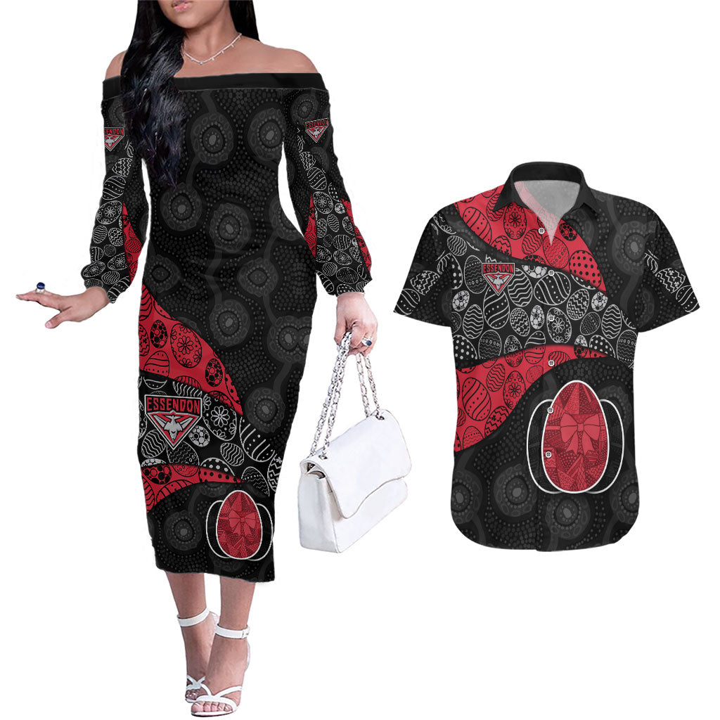 Personalized Essendon Football Couples Matching Off The Shoulder Long Sleeve Dress and Hawaiian Shirt Easter Egg Pattern Red Black Tribal Dot Art Style