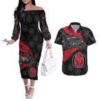 Personalized Essendon Football Couples Matching Off The Shoulder Long Sleeve Dress and Hawaiian Shirt Easter Egg Pattern Red Black Tribal Dot Art Style