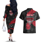 Personalized Essendon Football Couples Matching Off The Shoulder Long Sleeve Dress and Hawaiian Shirt Easter Egg Pattern Red Black Tribal Dot Art Style