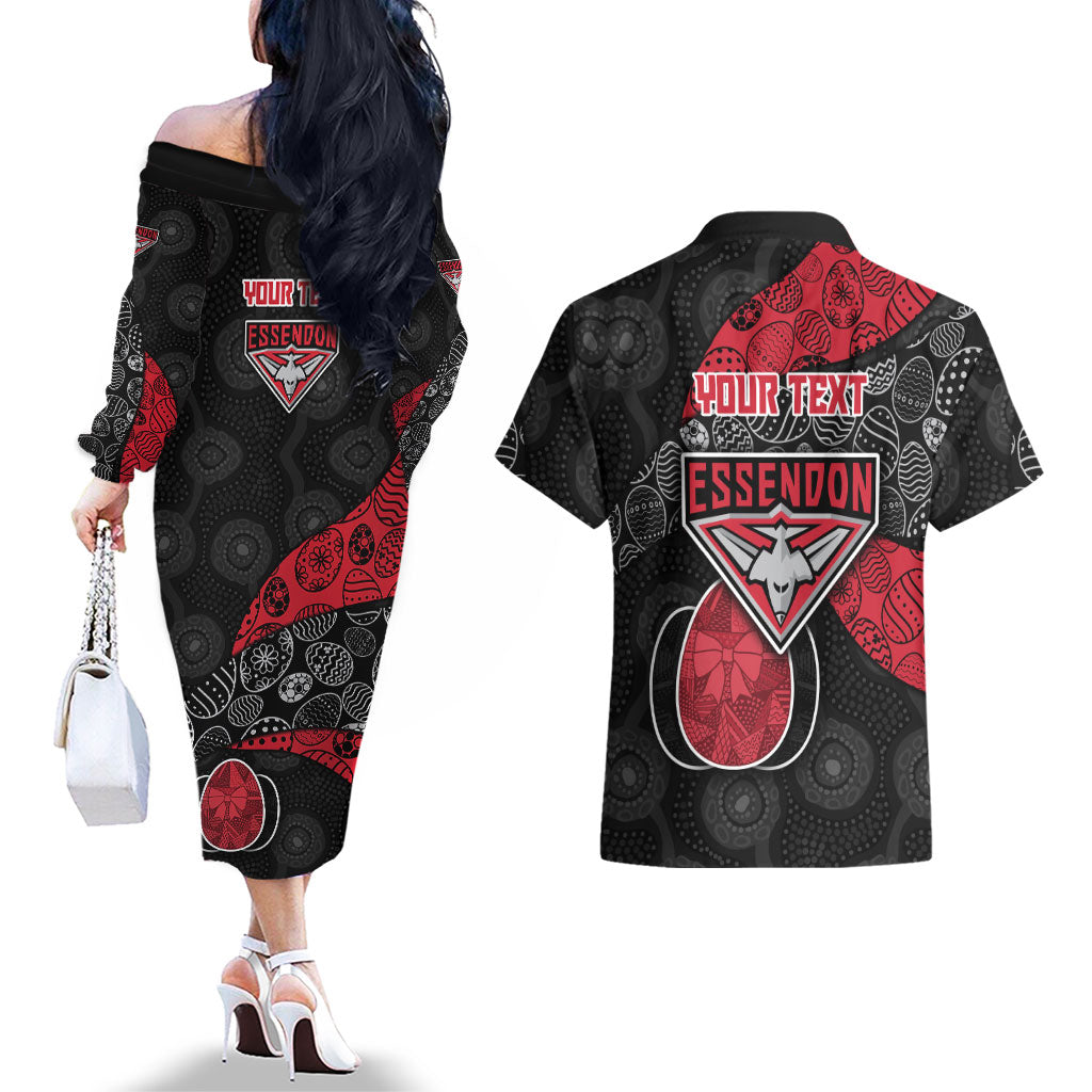 Personalized Essendon Football Couples Matching Off The Shoulder Long Sleeve Dress and Hawaiian Shirt Easter Egg Pattern Red Black Tribal Dot Art Style