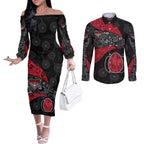 Personalized Essendon Football Couples Matching Off The Shoulder Long Sleeve Dress and Long Sleeve Button Shirt Easter Egg Pattern Red Black Tribal Dot Art Style