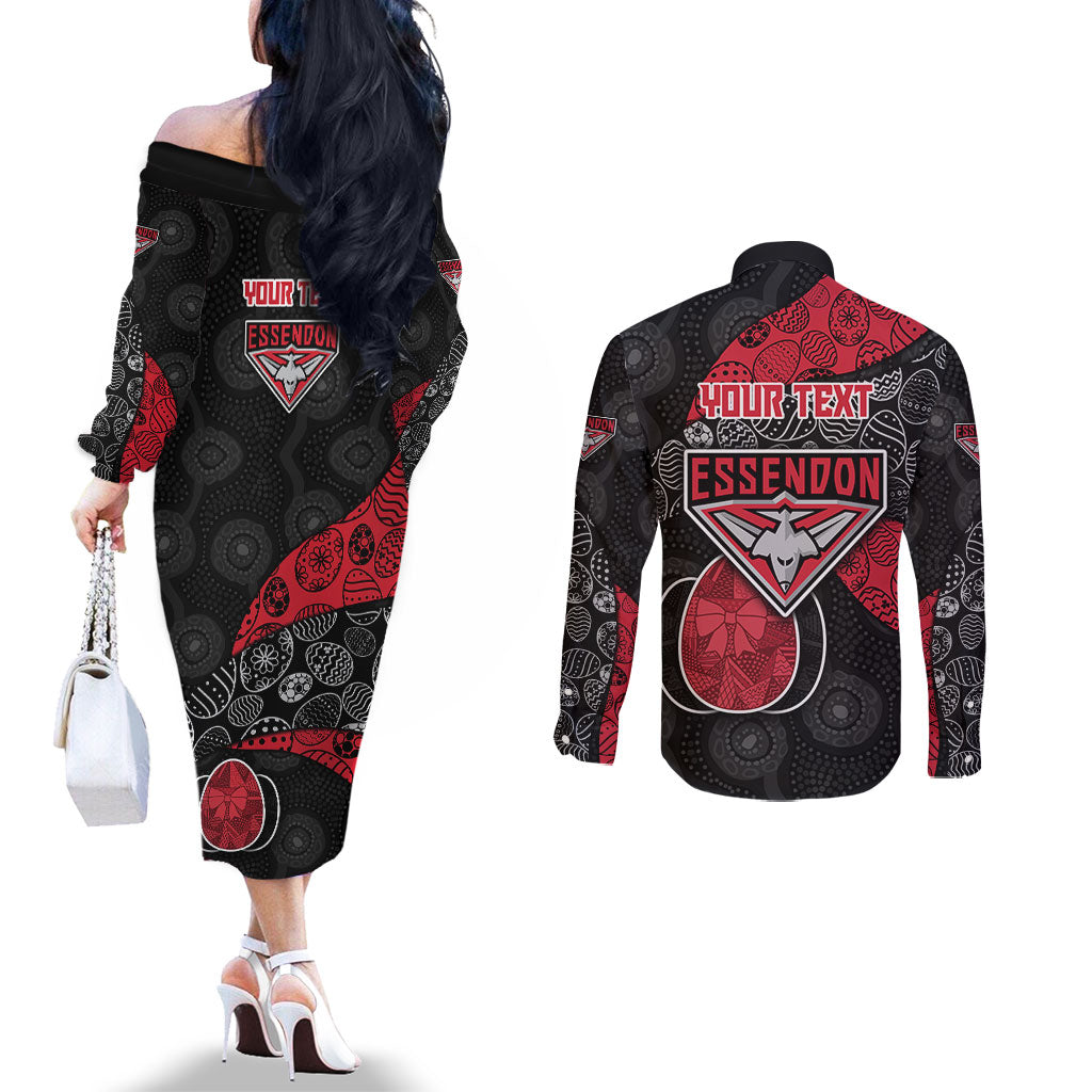 Personalized Essendon Football Couples Matching Off The Shoulder Long Sleeve Dress and Long Sleeve Button Shirt Easter Egg Pattern Red Black Tribal Dot Art Style