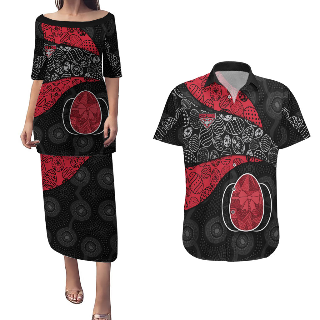 Personalized Essendon Football Couples Matching Puletasi and Hawaiian Shirt Easter Egg Pattern Red Black Tribal Dot Art Style