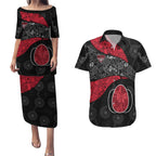 Personalized Essendon Football Couples Matching Puletasi and Hawaiian Shirt Easter Egg Pattern Red Black Tribal Dot Art Style