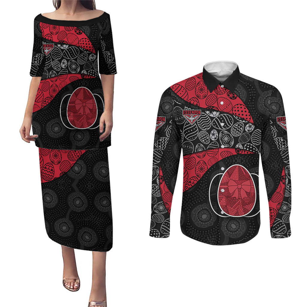 Personalized Essendon Football Couples Matching Puletasi and Long Sleeve Button Shirt Easter Egg Pattern Red Black Tribal Dot Art Style