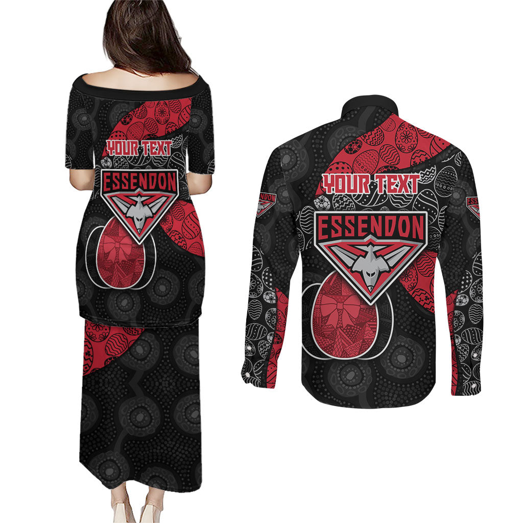 Personalized Essendon Football Couples Matching Puletasi and Long Sleeve Button Shirt Easter Egg Pattern Red Black Tribal Dot Art Style