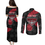 Personalized Essendon Football Couples Matching Puletasi and Long Sleeve Button Shirt Easter Egg Pattern Red Black Tribal Dot Art Style