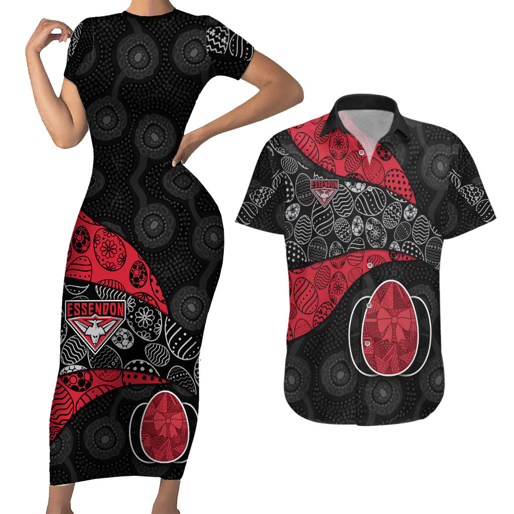 Personalized Essendon Football Couples Matching Short Sleeve Bodycon Dress and Hawaiian Shirt Easter Egg Pattern Red Black Tribal Dot Art Style