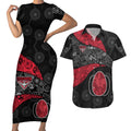 Personalized Essendon Football Couples Matching Short Sleeve Bodycon Dress and Hawaiian Shirt Easter Egg Pattern Red Black Tribal Dot Art Style