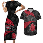 Personalized Essendon Football Couples Matching Short Sleeve Bodycon Dress and Hawaiian Shirt Easter Egg Pattern Red Black Tribal Dot Art Style