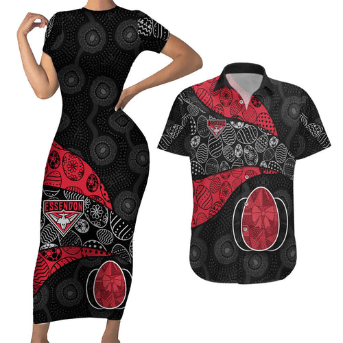 Personalized Essendon Football Couples Matching Short Sleeve Bodycon Dress and Hawaiian Shirt Easter Egg Pattern Red Black Tribal Dot Art Style