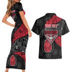 Personalized Essendon Football Couples Matching Short Sleeve Bodycon Dress and Hawaiian Shirt Easter Egg Pattern Red Black Tribal Dot Art Style