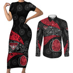 Personalized Essendon Football Couples Matching Short Sleeve Bodycon Dress and Long Sleeve Button Shirt Easter Egg Pattern Red Black Tribal Dot Art Style