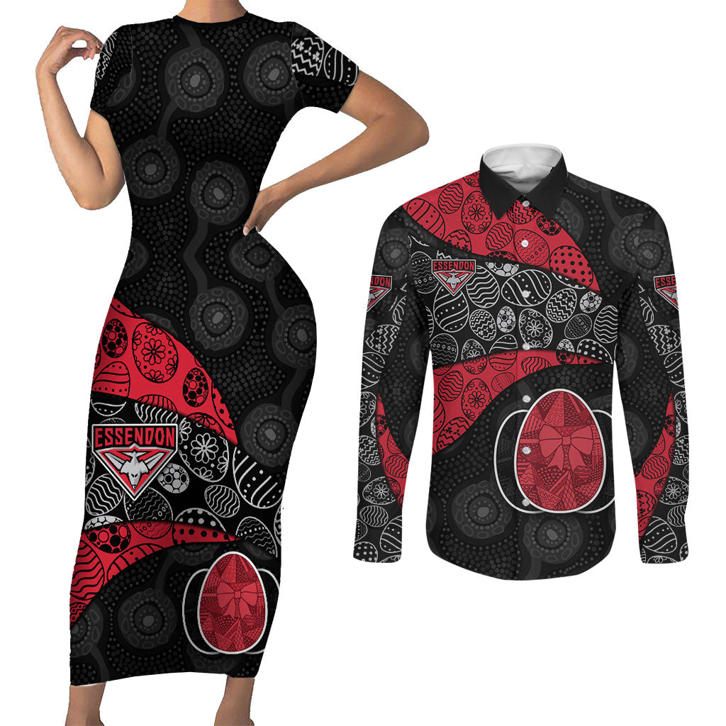Personalized Essendon Football Couples Matching Short Sleeve Bodycon Dress and Long Sleeve Button Shirt Easter Egg Pattern Red Black Tribal Dot Art Style