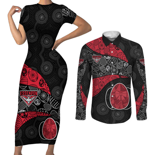 Personalized Essendon Football Couples Matching Short Sleeve Bodycon Dress and Long Sleeve Button Shirt Easter Egg Pattern Red Black Tribal Dot Art Style