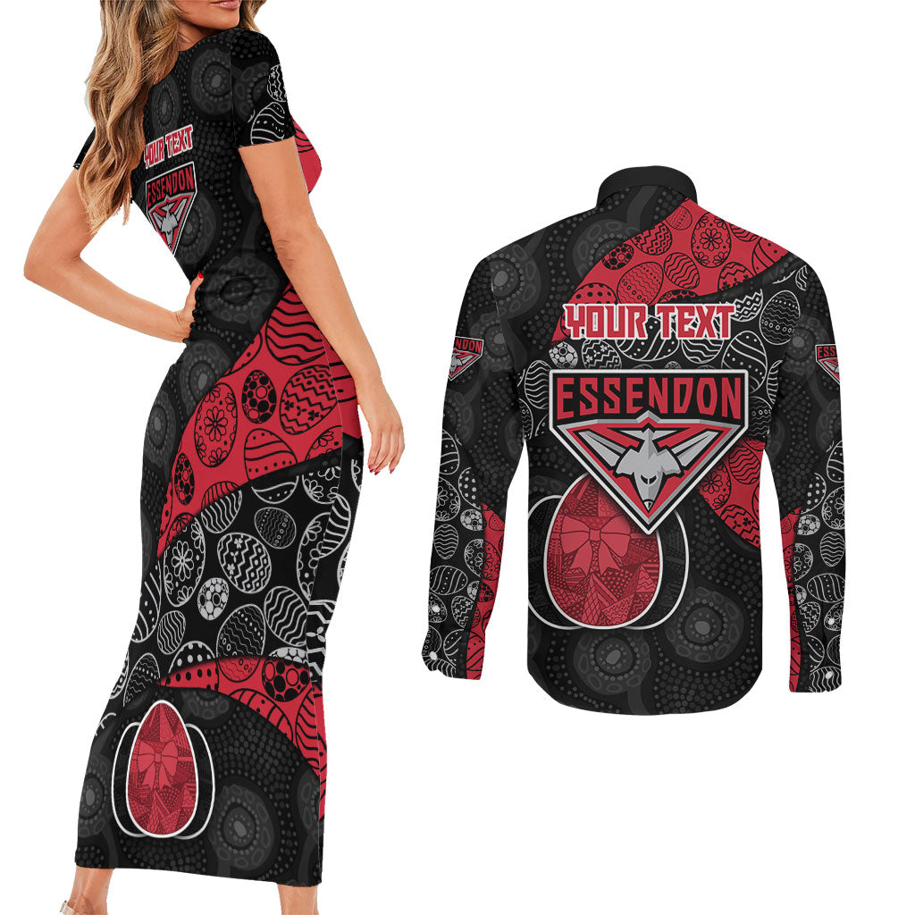 Personalized Essendon Football Couples Matching Short Sleeve Bodycon Dress and Long Sleeve Button Shirt Easter Egg Pattern Red Black Tribal Dot Art Style