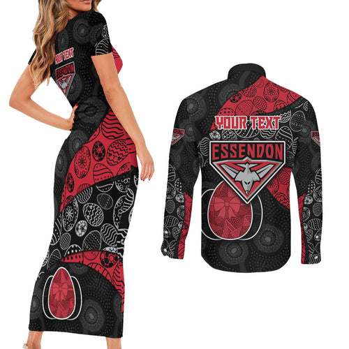 Personalized Essendon Football Couples Matching Short Sleeve Bodycon Dress and Long Sleeve Button Shirt Easter Egg Pattern Red Black Tribal Dot Art Style