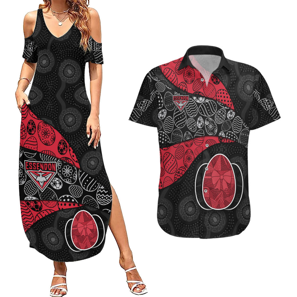 Personalized Essendon Football Couples Matching Summer Maxi Dress and Hawaiian Shirt Easter Egg Pattern Red Black Tribal Dot Art Style