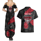 Personalized Essendon Football Couples Matching Summer Maxi Dress and Hawaiian Shirt Easter Egg Pattern Red Black Tribal Dot Art Style