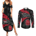 Personalized Essendon Football Couples Matching Summer Maxi Dress and Long Sleeve Button Shirt Easter Egg Pattern Red Black Tribal Dot Art Style