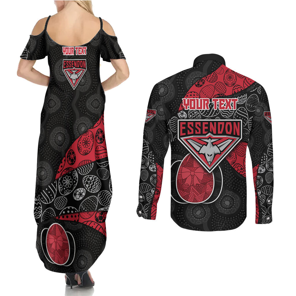 Personalized Essendon Football Couples Matching Summer Maxi Dress and Long Sleeve Button Shirt Easter Egg Pattern Red Black Tribal Dot Art Style