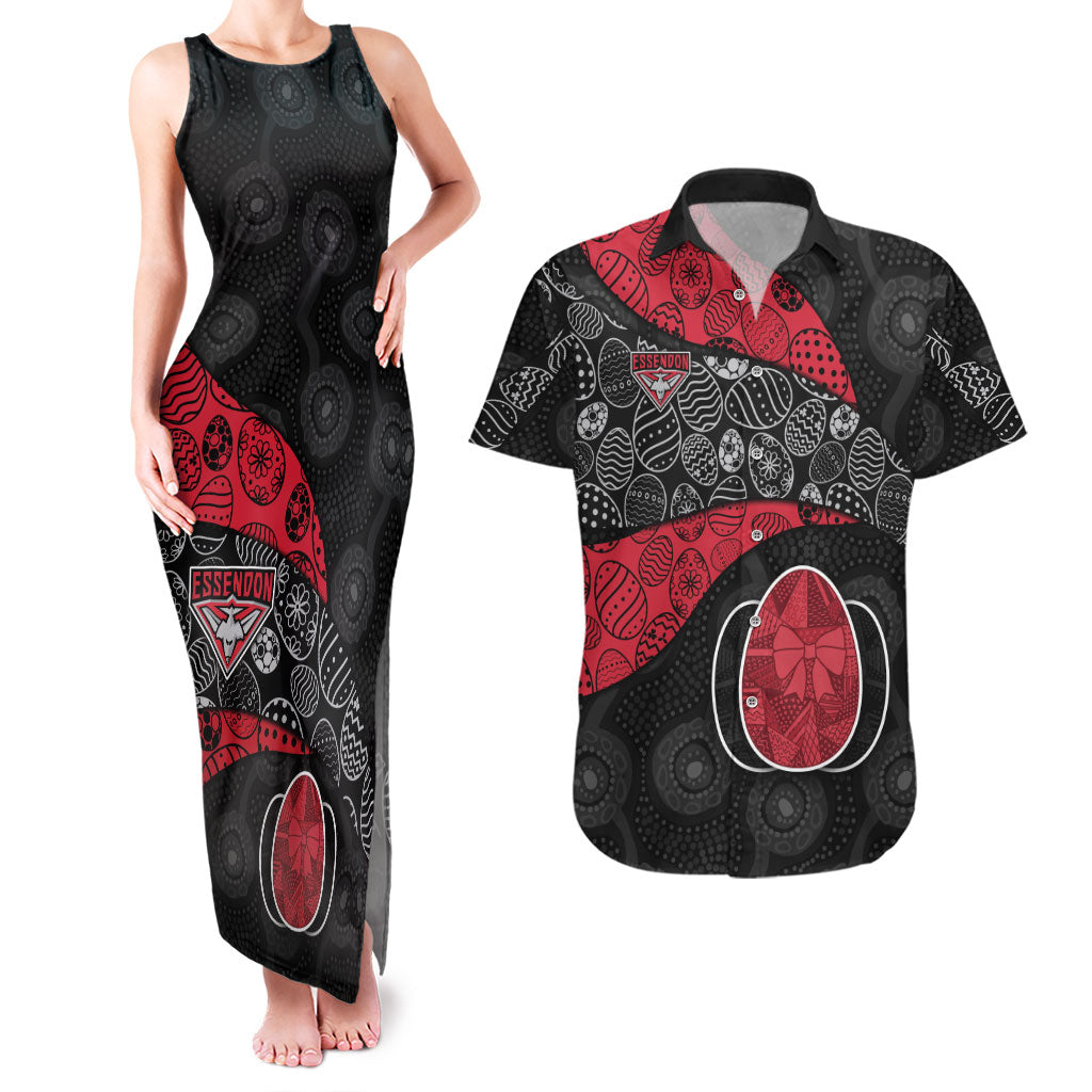 Personalized Essendon Football Couples Matching Tank Maxi Dress and Hawaiian Shirt Easter Egg Pattern Red Black Tribal Dot Art Style