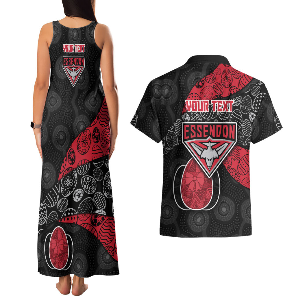 Personalized Essendon Football Couples Matching Tank Maxi Dress and Hawaiian Shirt Easter Egg Pattern Red Black Tribal Dot Art Style