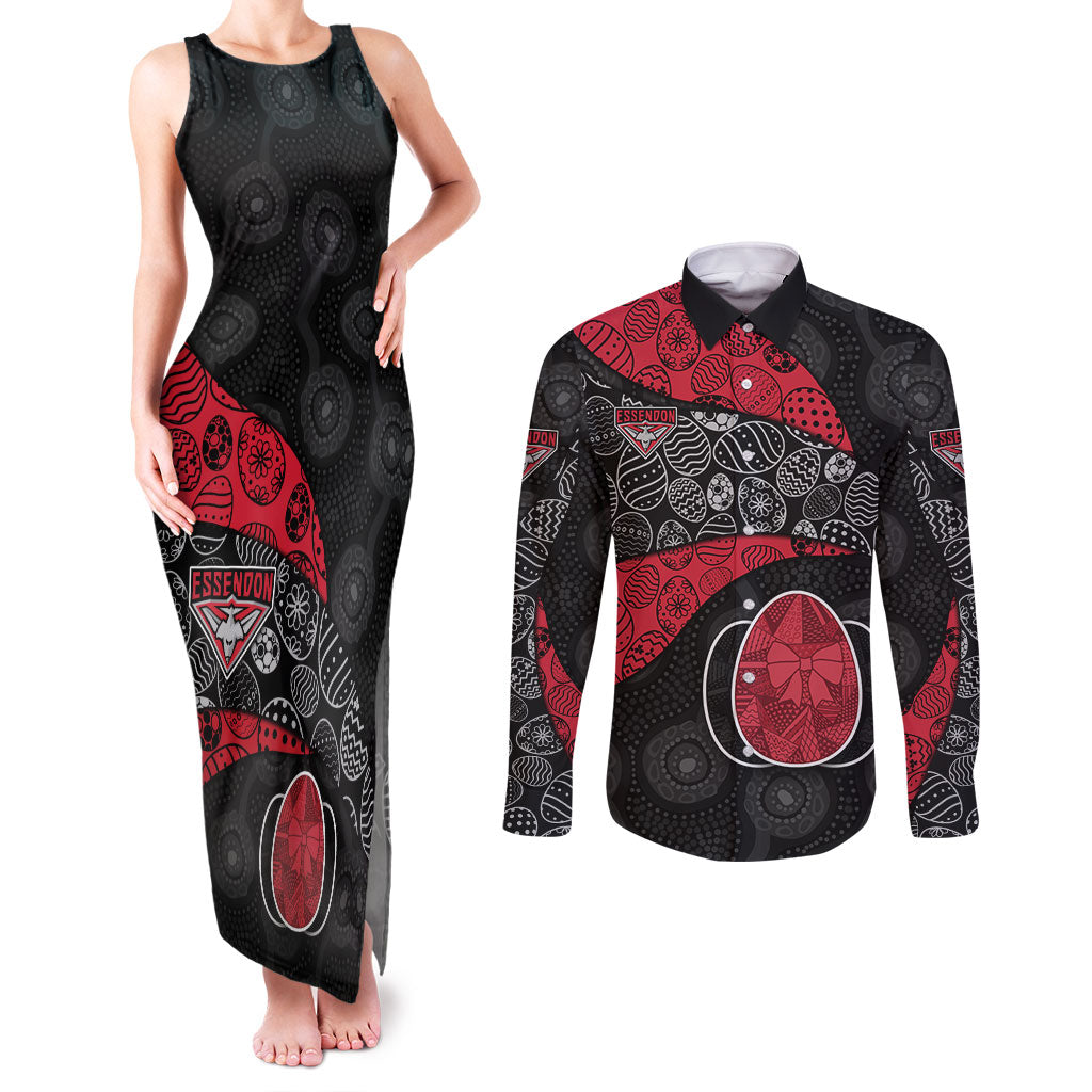 Personalized Essendon Football Couples Matching Tank Maxi Dress and Long Sleeve Button Shirt Easter Egg Pattern Red Black Tribal Dot Art Style