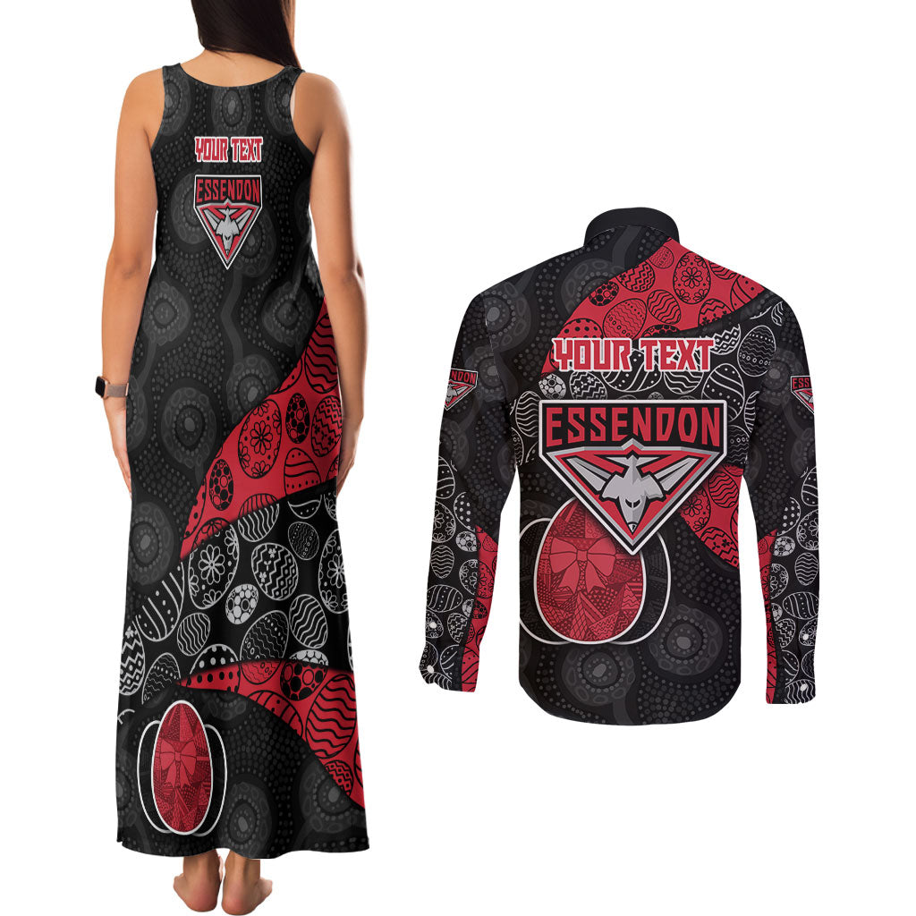 Personalized Essendon Football Couples Matching Tank Maxi Dress and Long Sleeve Button Shirt Easter Egg Pattern Red Black Tribal Dot Art Style