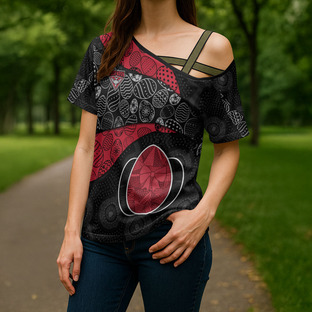 Personalized Essendon Football Cross Shoulder Shirt Easter Egg Pattern Red Black Tribal Dot Art Style