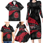 Personalized Essendon Football Family Matching Long Sleeve Bodycon Dress and Hawaiian Shirt Easter Egg Pattern Red Black Tribal Dot Art Style