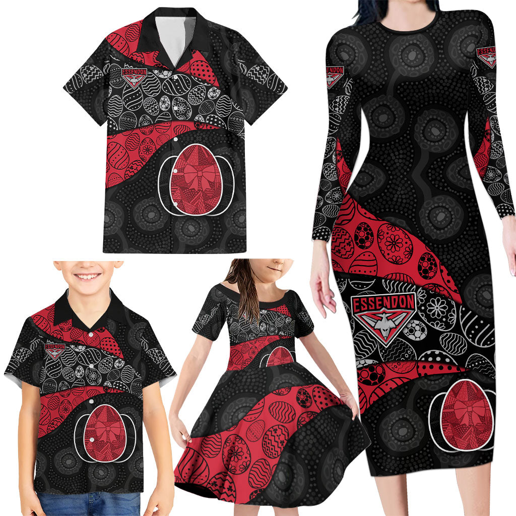 Personalized Essendon Football Family Matching Long Sleeve Bodycon Dress and Hawaiian Shirt Easter Egg Pattern Red Black Tribal Dot Art Style