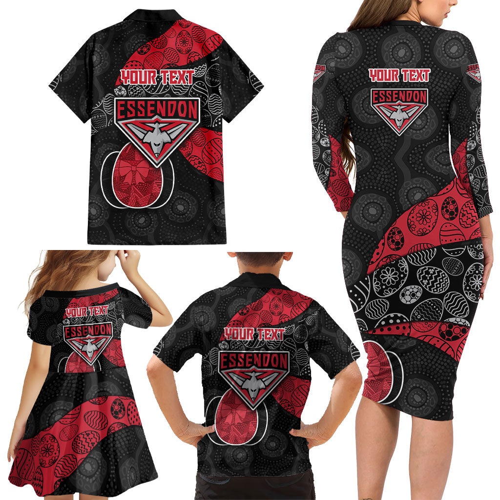 Personalized Essendon Football Family Matching Long Sleeve Bodycon Dress and Hawaiian Shirt Easter Egg Pattern Red Black Tribal Dot Art Style
