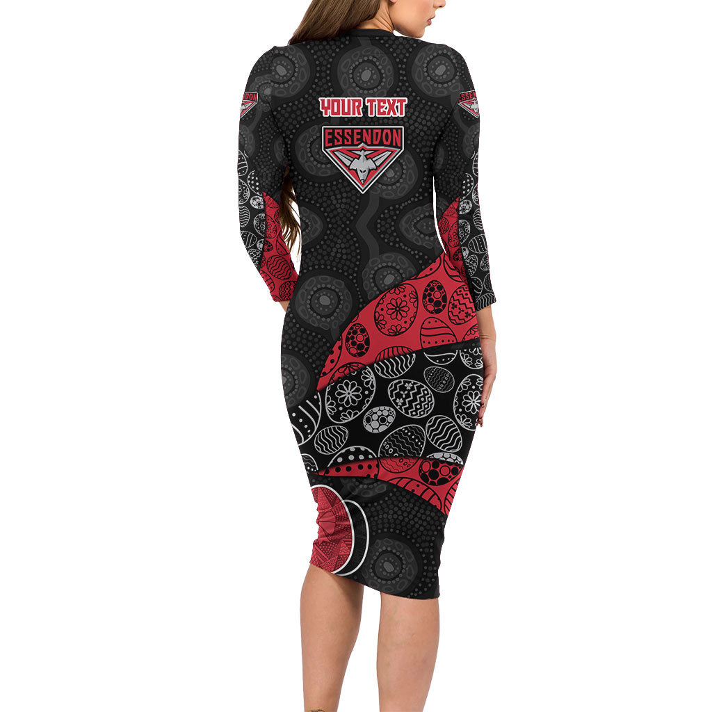 Personalized Essendon Football Family Matching Long Sleeve Bodycon Dress and Hawaiian Shirt Easter Egg Pattern Red Black Tribal Dot Art Style