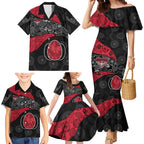 Personalized Essendon Football Family Matching Mermaid Dress and Hawaiian Shirt Easter Egg Pattern Red Black Tribal Dot Art Style