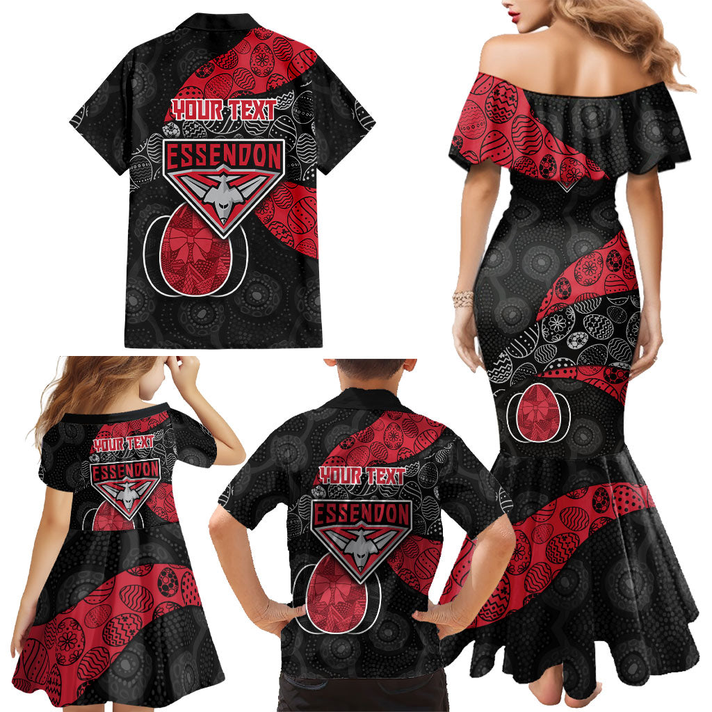 Personalized Essendon Football Family Matching Mermaid Dress and Hawaiian Shirt Easter Egg Pattern Red Black Tribal Dot Art Style