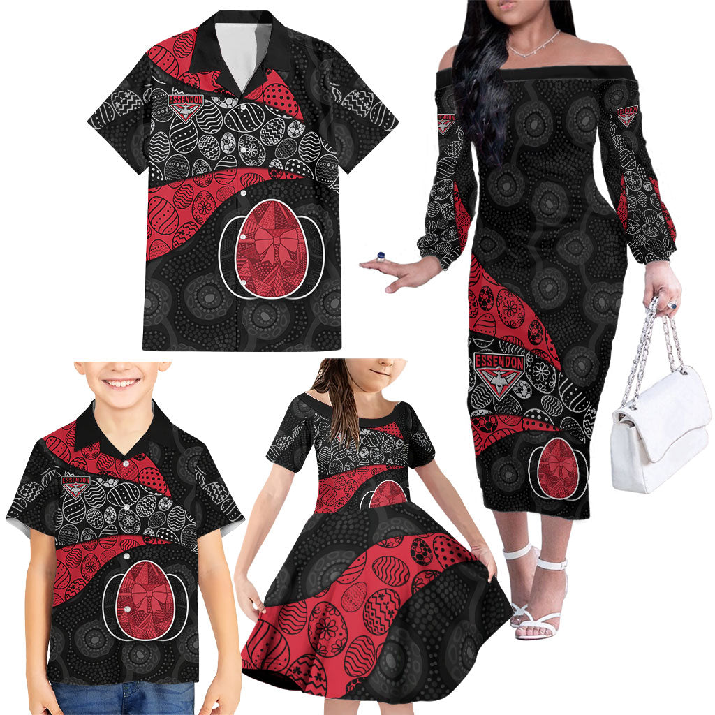 Personalized Essendon Football Family Matching Off The Shoulder Long Sleeve Dress and Hawaiian Shirt Easter Egg Pattern Red Black Tribal Dot Art Style