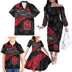 Personalized Essendon Football Family Matching Off The Shoulder Long Sleeve Dress and Hawaiian Shirt Easter Egg Pattern Red Black Tribal Dot Art Style