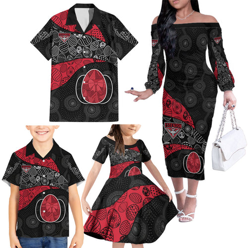 Personalized Essendon Football Family Matching Off The Shoulder Long Sleeve Dress and Hawaiian Shirt Easter Egg Pattern Red Black Tribal Dot Art Style