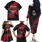 Personalized Essendon Football Family Matching Off The Shoulder Long Sleeve Dress and Hawaiian Shirt Easter Egg Pattern Red Black Tribal Dot Art Style