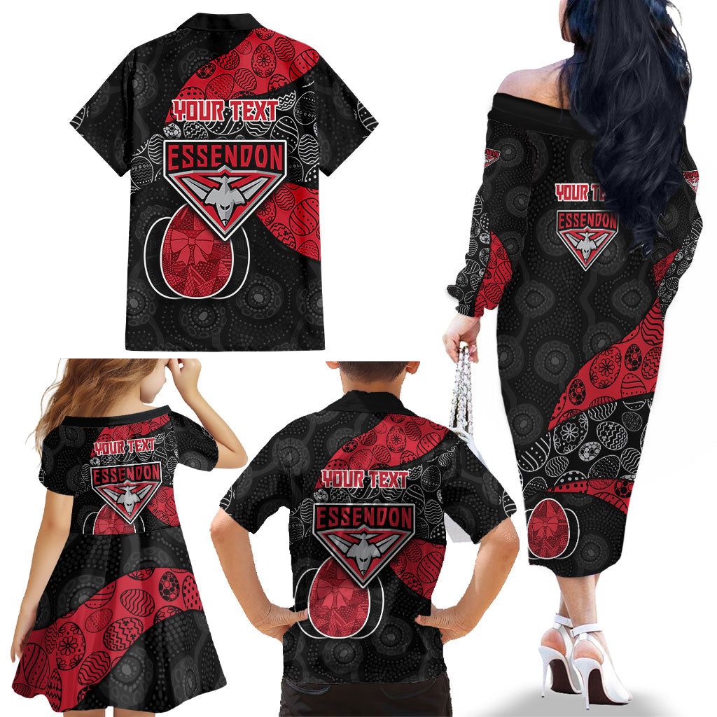 Personalized Essendon Football Family Matching Off The Shoulder Long Sleeve Dress and Hawaiian Shirt Easter Egg Pattern Red Black Tribal Dot Art Style