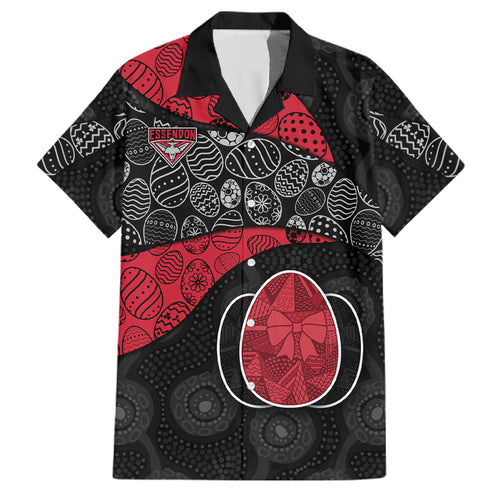 Personalized Essendon Football Family Matching Off The Shoulder Long Sleeve Dress and Hawaiian Shirt Easter Egg Pattern Red Black Tribal Dot Art Style