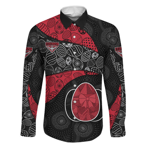 Personalized Essendon Football Family Matching Off The Shoulder Long Sleeve Dress and Hawaiian Shirt Easter Egg Pattern Red Black Tribal Dot Art Style