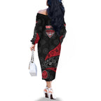 Personalized Essendon Football Family Matching Off The Shoulder Long Sleeve Dress and Hawaiian Shirt Easter Egg Pattern Red Black Tribal Dot Art Style