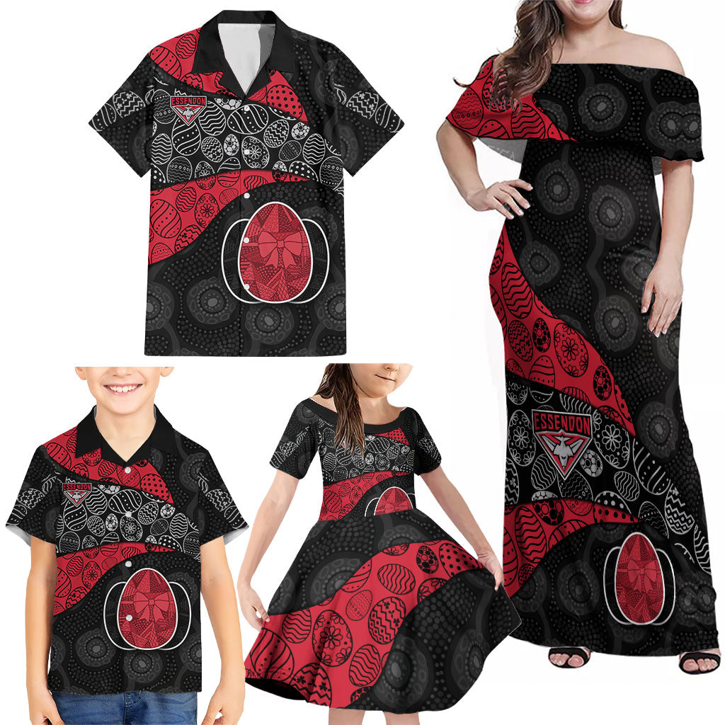 Personalized Essendon Football Family Matching Off Shoulder Maxi Dress and Hawaiian Shirt Easter Egg Pattern Red Black Tribal Dot Art Style